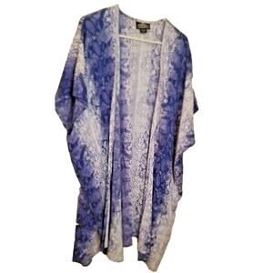 Angie Women's Blue-White Long Line Rayon Boho Open Front Kimono Cardigan Size S